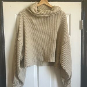 We The Free Beige Cowl Neck Sweater Ribbed Knit Oversized